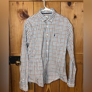 johnnie-O Casual Plaid Long Sleeve Shirt in Tan and Blue